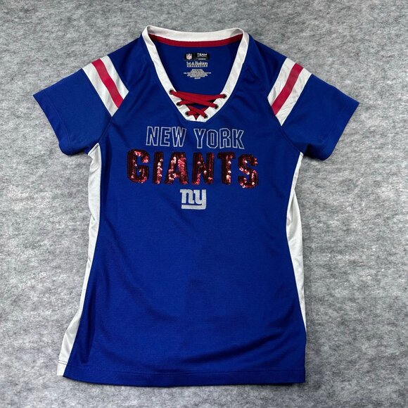 NFL Team Apparel Womens S New York Giants Blue Sequin Lace-Up Shirt - Picture 2 of 7